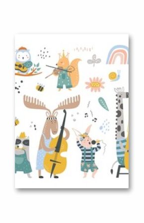 Isolated set with cute animals playing on different music instruments in Scandinavian style. Cartoon animals playing music. Ideal kids design, for fabric, wrapping, textile, wallpaper, apparel
