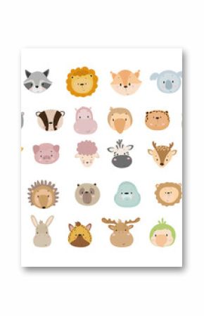Vector collection of cute cartoon animal faces. Characters for children's books, cards, stickers, prints. Illustrations for kids.