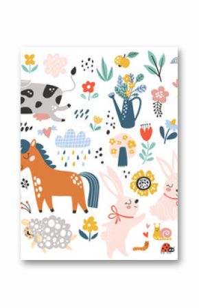 Isolated set with cute farm animals in cartoon style. Ideal kids design, for fabric, wrapping, textile, wallpaper, apparel