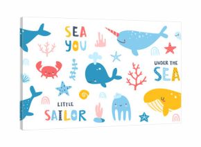 Marine life colorful baby vector set. Collection of cartoon sea underwater cute animals and plants.