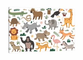 African animals collection, smiling giraffe, jumping zebra and laughing elephant, jungle and safari animals with facial expressions, funny hippo and rhino isolated vector illustrations