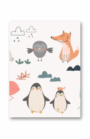 Set of cute animal vector. Friendly wild life with bear, sloth, rabbit, penguin, koala, donkey in doodle pattern. Adorable funny animal and many characters hand drawn collection on white background.