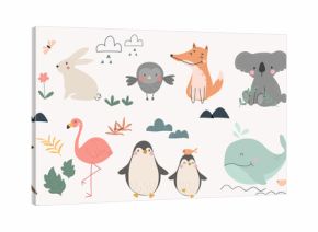 Set of cute animal vector. Friendly wild life with bear, sloth, rabbit, penguin, koala, donkey in doodle pattern. Adorable funny animal and many characters hand drawn collection on white background.