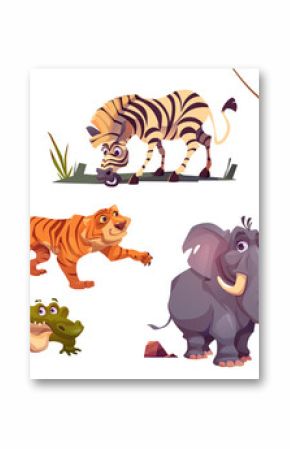 Cartoon wild animals tiger, monkey, zebra and lion with elephant and crocodile. Jungle inhabitants predators and herbivorous in zoo or safari park. Beasts in fauna, isolated vector illustrations set