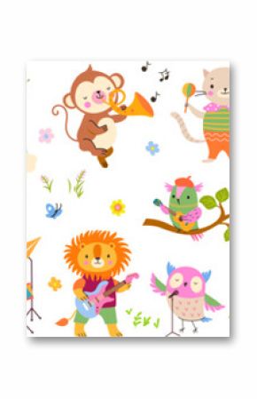 Musical dancing animals, celebration concert. Cartoon animal play musical instruments. Music giraffe, lion, hippo and elephant. Childish nowaday vector collection