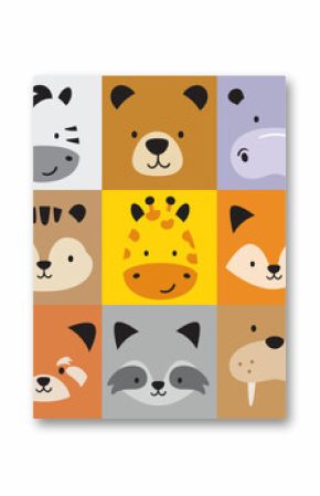 Cute wild jungle animal faces in square blocks vector illustration. Set includes a lion, zebra, bear, hippo, tiger, dear, squirrel, giraffe, fox, panda, penguin, red panda, raccoon, walrus, and koala.