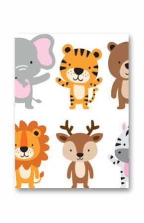 Cute Wild Animals in Standing position Vector Illustration. Animals include a giraffe, elephant, tiger, bear, hippo, monkey, lion, deer, zebra, and fox.