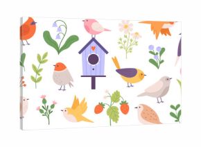 Cute cartoon flat birds clipart. Bird and birdhouse, leaves, flowers and garden berries. Forest and gardening elements, springtime racy vector set