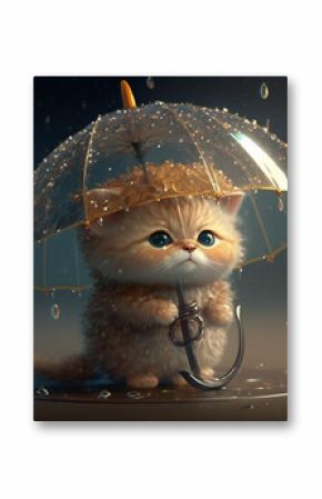 Cute and adorable cartoon kitten in the rain holding an umbrella, fantasy arts, surrealism, AI art