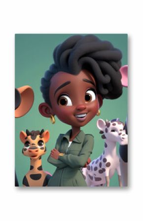 Generative AI illustration of happy African American stylish female with creative hairstyle and crossed arms in trendy clothes smiling and looking away while standing near cartoon animals 