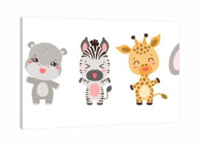 Cute african animal set. Kawaii style safari animals vector illustration. Cute cartoon collection. Happy tropical animals leopard, cheetah, giraffe, zebra, elephant, hippopotamus. Adorable characters.