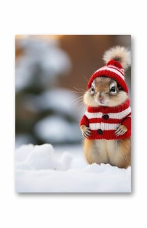 Chipmunk in snow with winter clothes like Santa Claus.. Christmas style hat and sweater. Funny animals in winter.