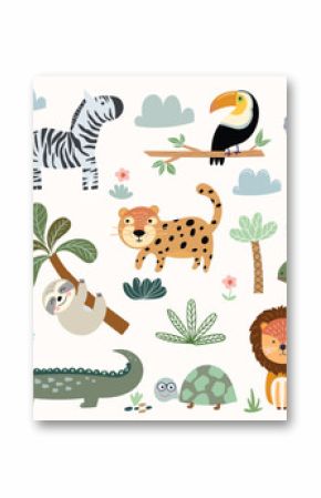 Safari animals and vegetation collection with cute elements isolated on white, baby kids nursery, vector design