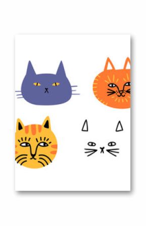 Funny cat animal head cartoon set in modern flat illustration style. Cute kitten pet collection, diverse breeds - domestic cats bundle. 