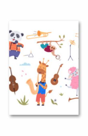 Musical dancing animals big set. Funny cute wild animal. Dancing animals playing on different music instruments. Musicians and dancers festival kid party. Cartoon animal play music. Vector characters