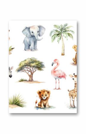 Watercolor big safari set isolated on white. African safari animals - elephant, giraffe, crocodile, tiger, lion, cheetah, zebra, flamingo, monkey, meerkat and others, young explorer and African trees.