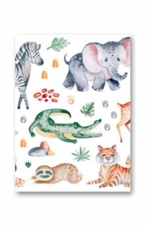 Jangle animals on isolated background. Watercolor clipart of savanna beasts and plant elements. The mammals zebra and elephant are hand drawn. Children safari design for stickers and wall decor.