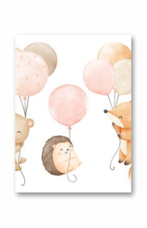 Watercolor forest animal with balloon Nursery kids Birthday Baby shower