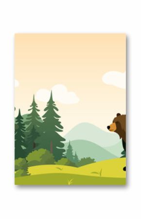 Bear in a beautiful forest against the background of mountains. Simple flat vector illustration of a bear in the forest in cartoon style.