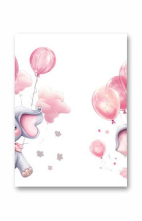 Collection of PNG. Pink cute little elephant floating in the air with balloons. Children's book illustration style isolated on a transparent background.