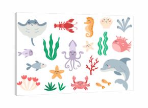 Set of cute marine animals in flat cartoon style. Sea life, ocean design elements for printing, poster, card.
