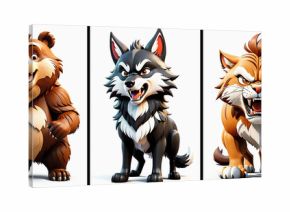 Set of various animals such as Wolf, puma, bear, deer and wild boar in cartoon 3D style on a white background