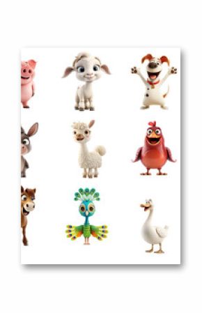 Collection of adorable cartoon farm animals and birds, including chicken, pig, cow, and bee, isolated on a transparent background perfect for children's content or educational graphics