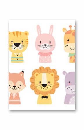 Cute wild woodland baby animal faces in pastel color vector illustration. Baby shower and nursery art animal set including a bear, tiger, lion, rabbit, giraffe, zebra, crocodile, fox, hippo and monkey