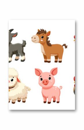 Set of cute funny farm animals isolated on white background. Collection of happy little animals. Flat vector illustration. Goat, bull, cow, duck, goose, hen, horse, pig, rooster, sheep.  