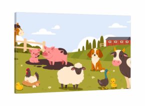 Farm scene with animals. Cartoon farmed landscape with happy domestic birds and animals on meadow. Background with ranch barn and fence. Vector composition