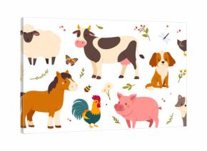 Cute farm animals. Funny cartoon domestic mammals and birds. Rural cattle and poultry. Village pet. Nice pig, cow, cat, dog, duck, chicken, horse. Vector collection