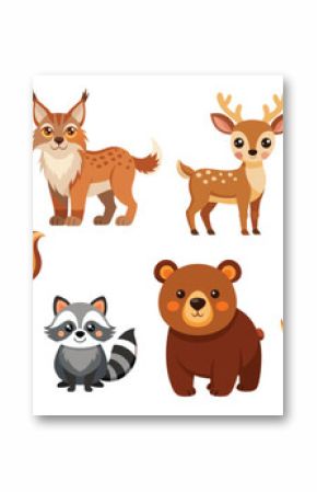 Forest animals flat cartoon illustration. Cute fox, wolf, brown bear, owl, deer, chipmunk, lynx vector clipart of wildlife for children book.