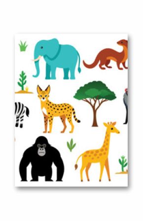 African animals  vector cartoon illustration. Cute lion, zebra, elephant, giraffe, hippo and other wild life clipart for zoo