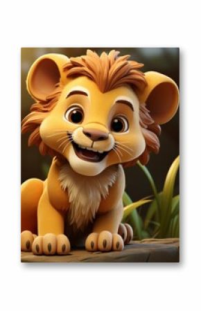 3d cartoon little lion in nature,ai generated