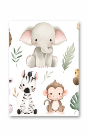 Watercolor Illustration Set of Safari Animals and Tropical Leaves