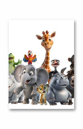 Group of 3D cute happy cartoon Wild Animals safari concept, isolated on white background, png