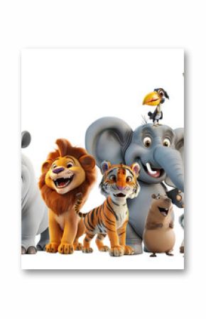 Group of 3D cute happy cartoon Wild Animals safari concept, isolated on white background, png