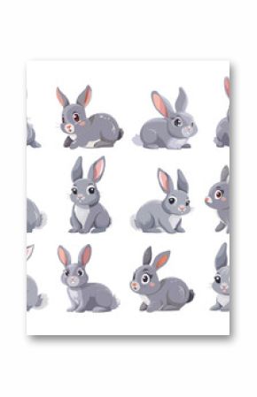 Bunny cartoon vector set. Cute herbivorous rodent gray different angles easter fluffy rabbit animal, illustration isolated on white background