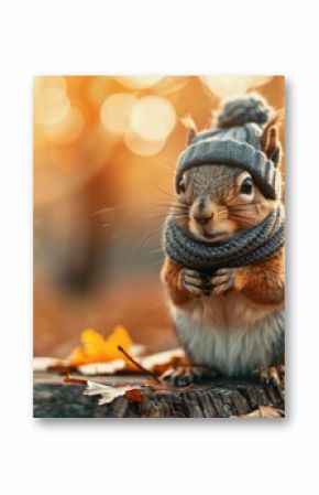 Cute squirrel animal wearing cozy warm clothes hat and scarf wallpaper background