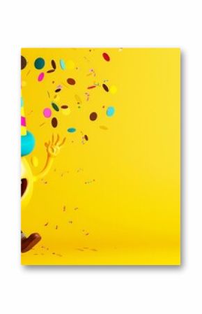 A happy emoji cartoon character with a party hat, throwing confetti and waving goodbye on a yellow solid background