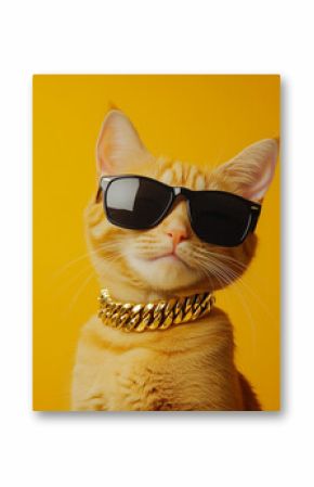 Close-up of a cat wearing sunglasses and a cool necklace, creative animals