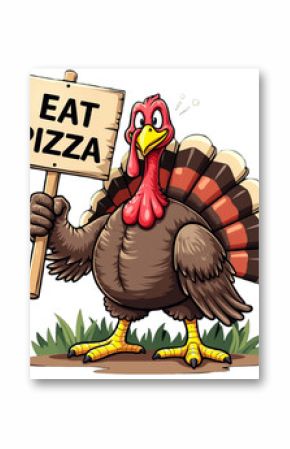 A  turkey stands on grass, holding a sign that reads "EAT PIZZA."