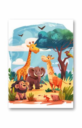 Kids illustration cute animals savannas cartoon style