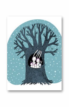Magiczne drzewo i słodkie króliki. Ilustracji wektorowych.