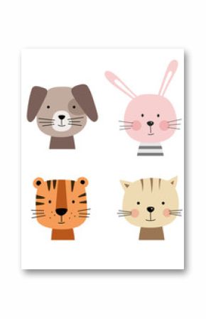Słodkie zwierzęta z kreskówek dla kart dla dzieci. Ilustracji wektorowych. Lew, pies, królik, niedźwiedź, panda, tygrys, kot, lis.