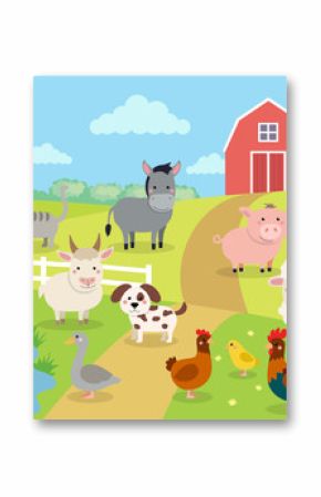 Zwierzęta gospodarskie z krajobrazem - krowa, świnia, owca, koń, kogut, kurczak, osioł, kura, gęś, kaczka, koza, kot, pies. Ilustracja kreskówka wektor w stylu płaski