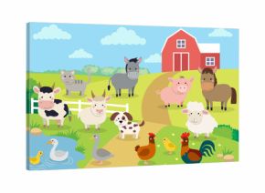 Farm animals with landscape - cow, pig, sheep, horse, rooster, chicken, donkey, hen, goose, duck, goat, cat, dog. Cute cartoon vector illustration in flat style