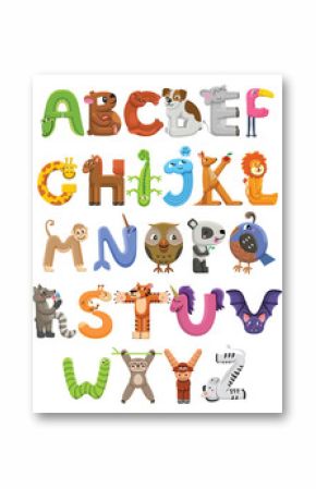 Zoo alphabet. Animal alphabet. Letters from A to Z. Cartoon cute animals isolated on white background