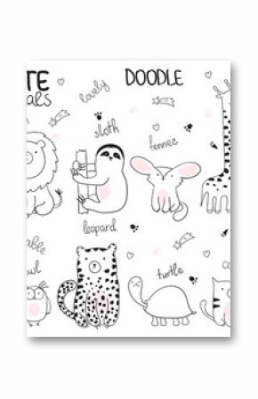 Wektorowa kreskówki nakreślenia ilustracja z ślicznymi doodle zwierzętami