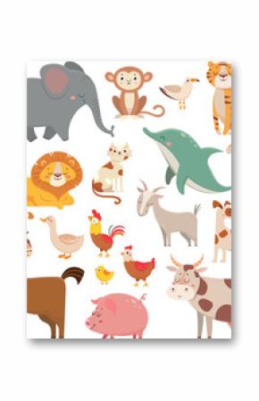 Child cartoons elephant, gull, dolphin, wild animal. Pet, farm and jungle animals vector cartoon illustration collection